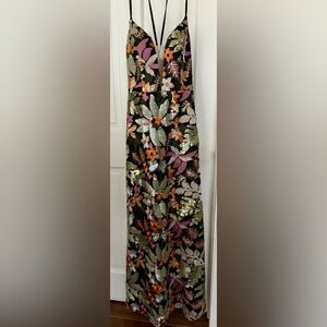 Black Floral Sequin Maxi Dress with V-Neck